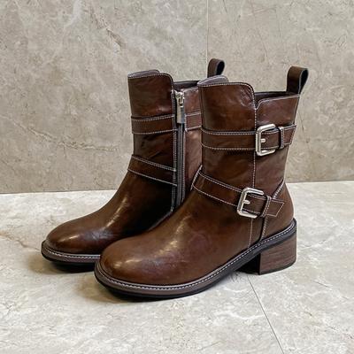 Retro Short Boots Knight Boots Women's Shoes New Versatile Spring Autumn Belt Buckle Round Toe Thick Soled Boots Ladies Shoes