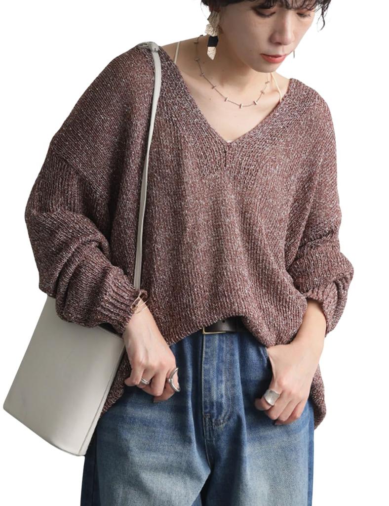 Antiqua Slub Knit One Size Brown Women's V-Neck Top, YP-00178, 10,