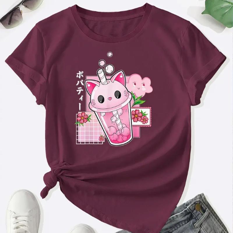 

Модная женская футболка с мультяшным принтом соломенной чашки, забавная повседневная футболка с круглым вырезом и короткими рукавами, летняя женская футболка 8XL красный