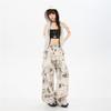 Spring Summer Pure Cotton Digital Print Vintage Elastic Waist Relaxed Wide Leg Cargo Denim Pants For Ladies Casual Pants Oversize Denim Trousers