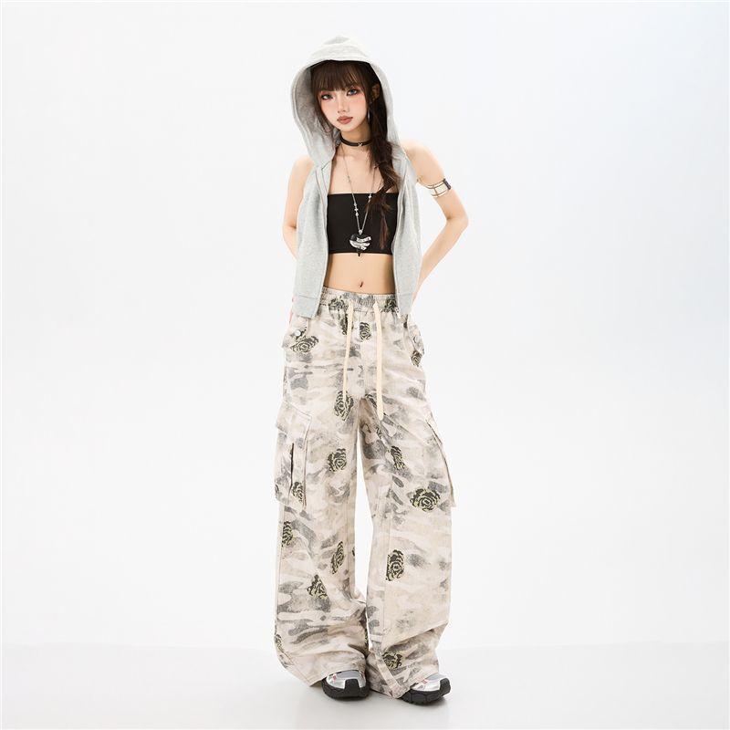 Spring Summer Pure Cotton Digital Print Vintage Elastic Waist Relaxed Wide Leg Cargo Denim Pants For Ladies Casual Pants Oversize Denim Trousers