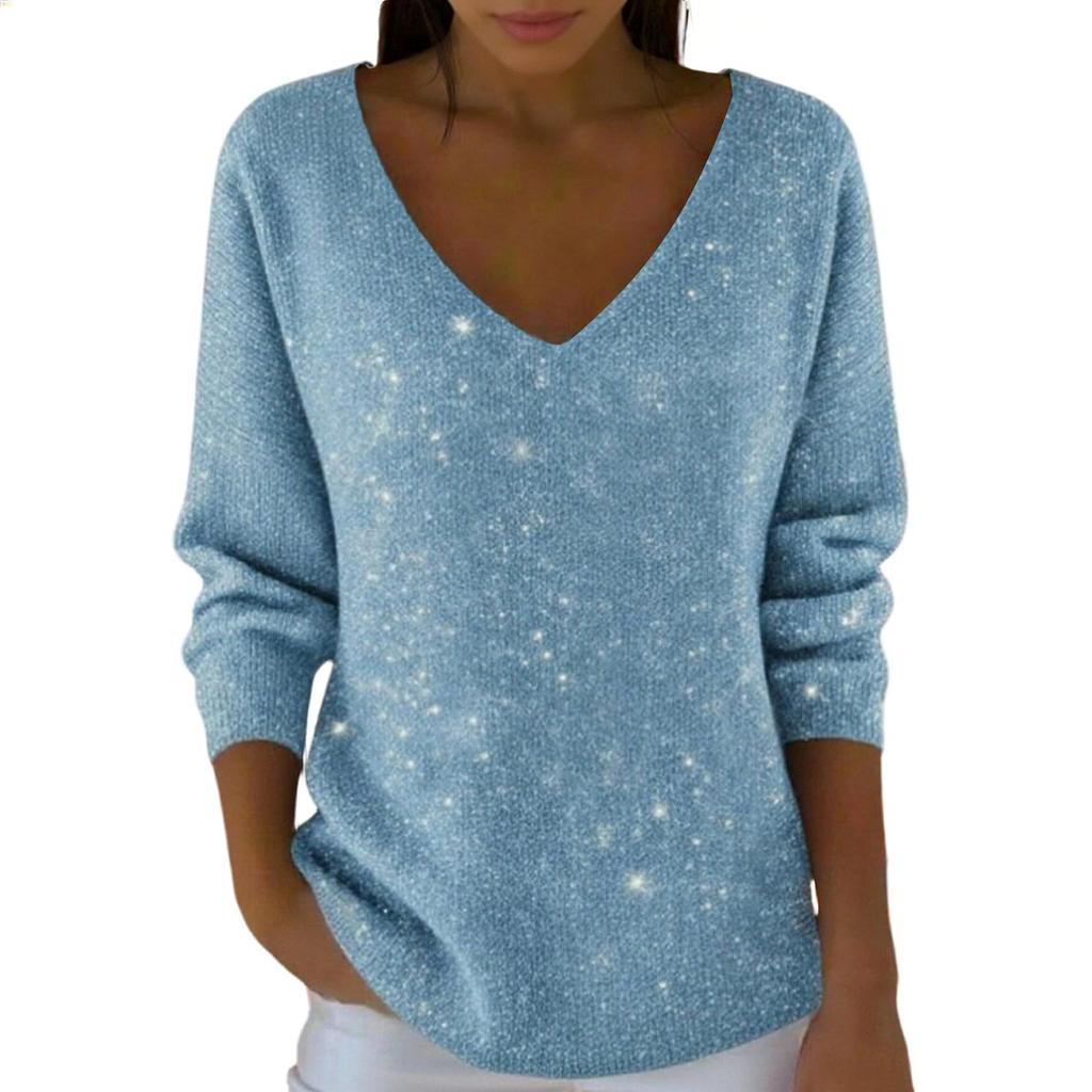 Women's Casual Daily Long-Sleeved V-Neck Faux Sweater Knitted Pullover Top With Sequins
