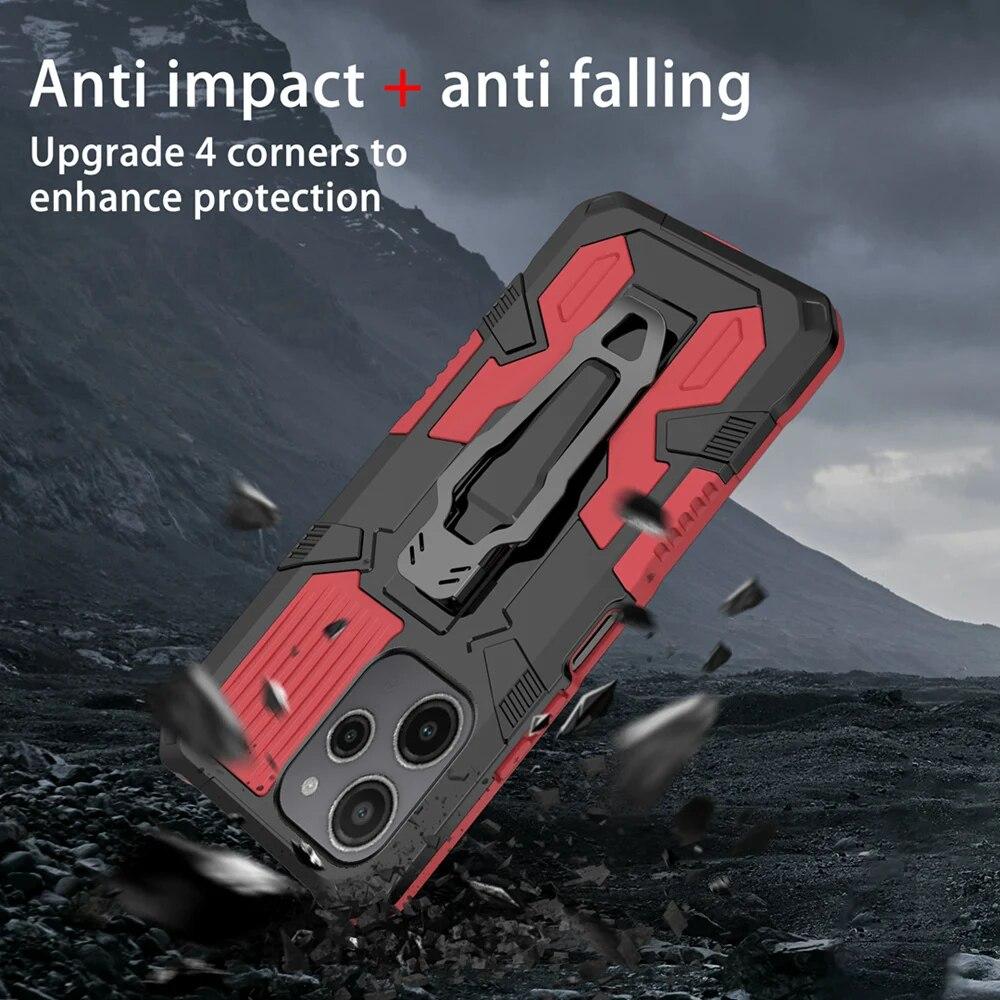 KEYSION Stoßfeste Rüstungshülle für Redmi 12 4G 12 5G 12C Silikon + PC Metallständer Rückseite Clip Telefonabdeckung für Xiaomi POCO M6 Pro 5G