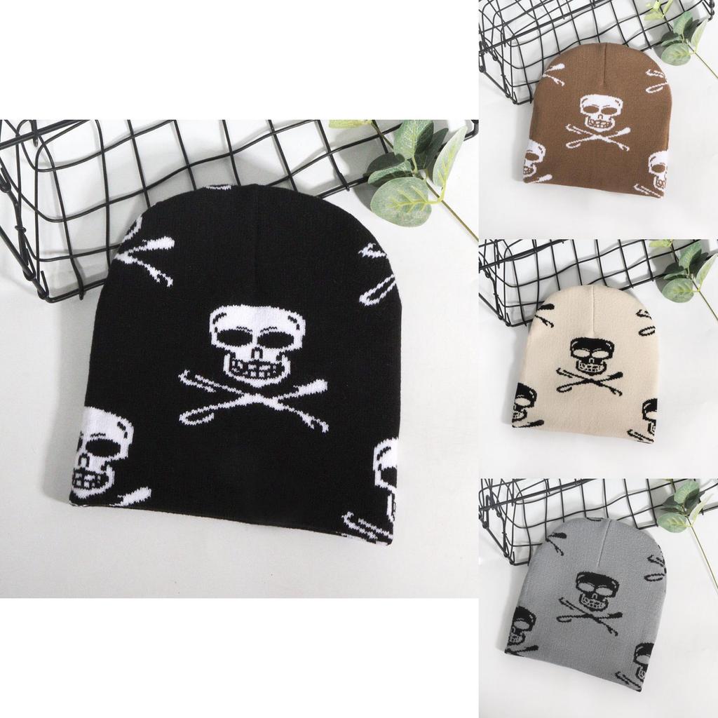 Y2k Skull Pattern Knit Cap With Plush Fabric For Outdoor Fashion