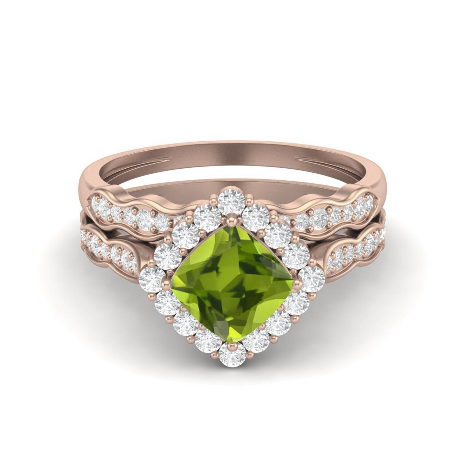 6mm Cushion Peridot 925 Sterling Silver Rose Vermeil Dual Shank Halo Accents Women Wedding Ring 6