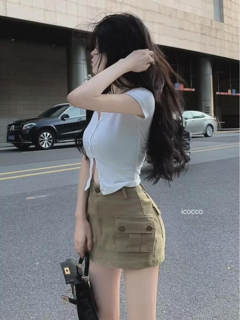 2023 Trendiger Khaki A-Linien Denim Workwear Rock für Damen - Sexy Sommerstil mit Taschen