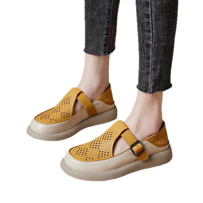 Baotou Sandals Women's Soft Leather Loafers 2025 New Summer Hollow Soft Sole Large Size Women's Casual Hole Shoes