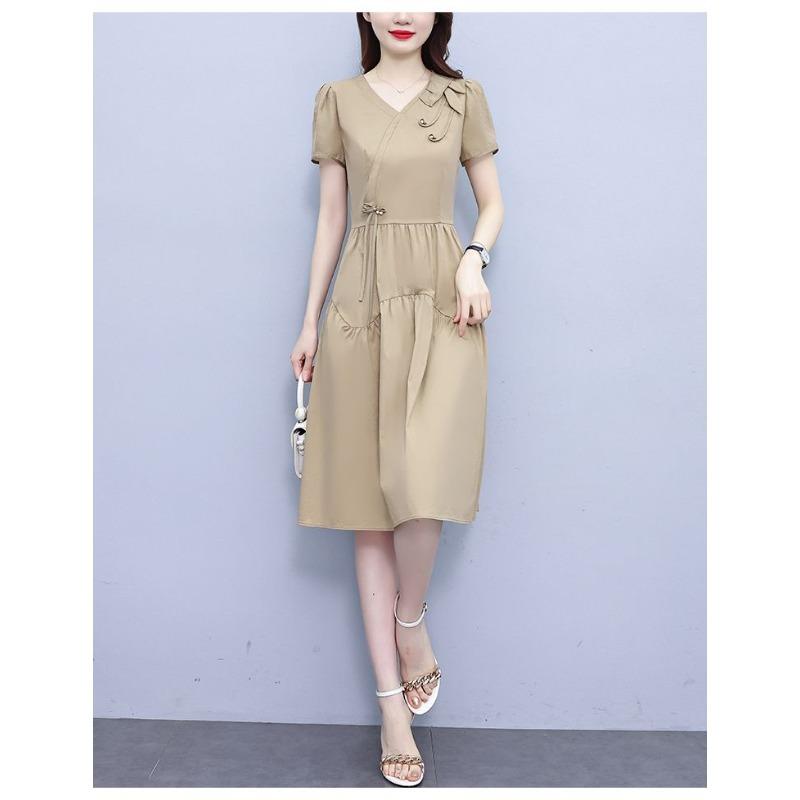 Summer French Elegant Temperament Fashion Casual Dress Age Reducing High Waist Slimming Mid Length Dress for Ladies