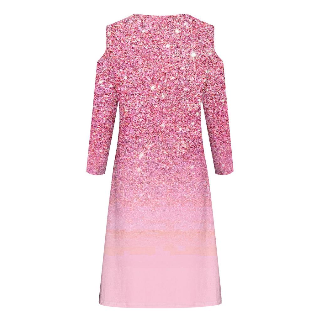Women's And Winter Casual Fashion V-neck Long Sleeve Print Long Dress With Pocket