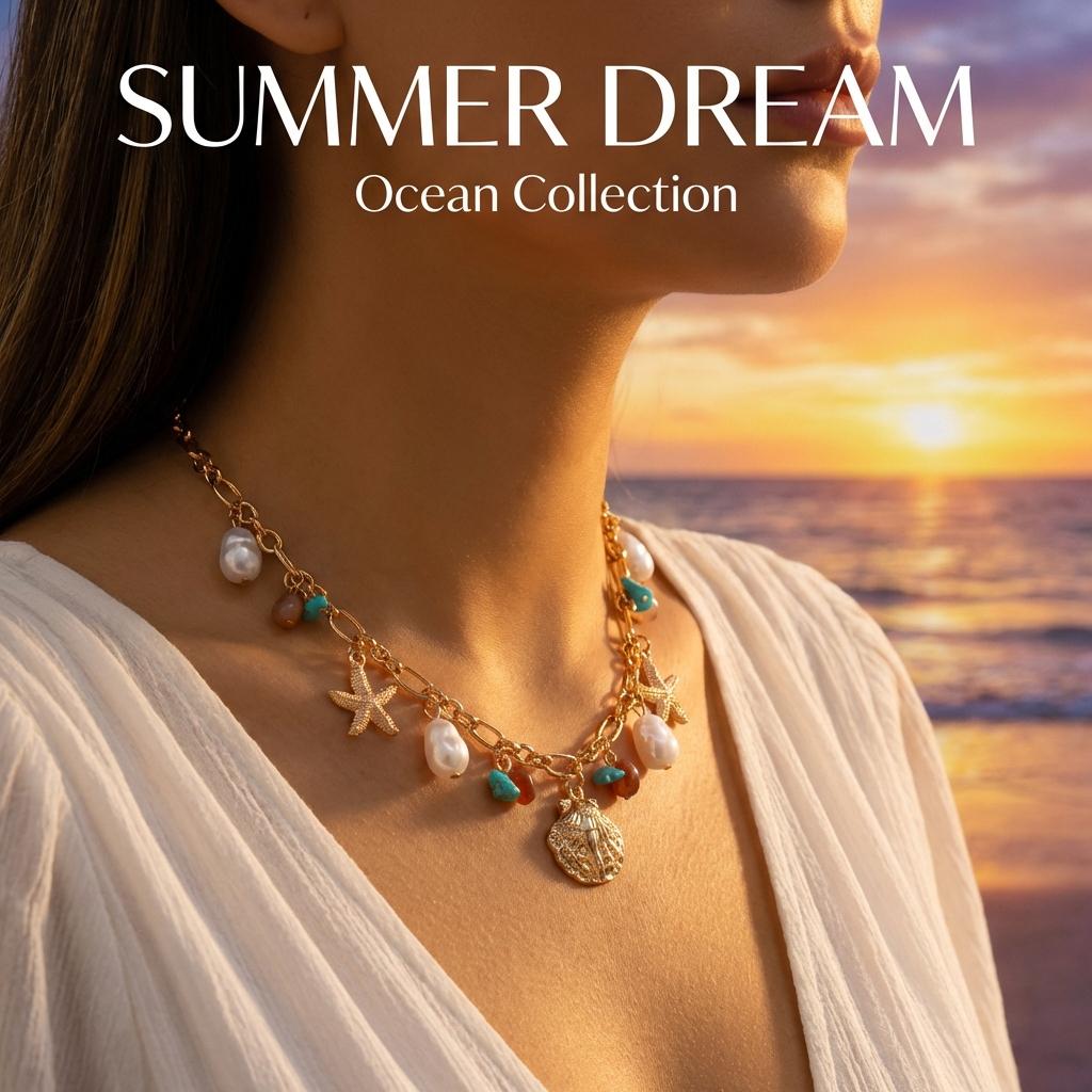 Collana con Ciondolo Multi-elemento Oceano per Donna Bohemia Conchiglia Stella Marina Perla Sintetica Collana Gioielli Estivi alla Moda Regali