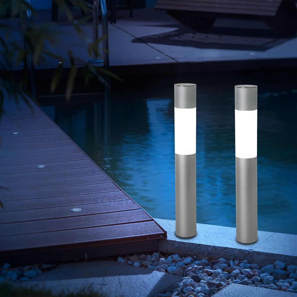 GW Solar [Stylish and Modern Light  Solar Light  7cm Diameter, 50cm Tall Aluminum Pole] [Pole Color: Silver] WhiteWarm White Switch, IPX4, No Wiring