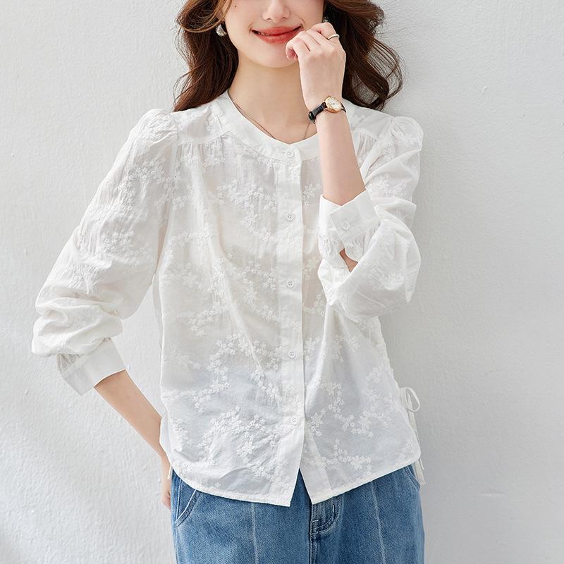 

Блузка с вышивкой с круглым вырезом для женщин, с длинным рукавом, весенняя новинка, вышитый топ, темпераментная леди, рубашка из чистого хлопка XXL