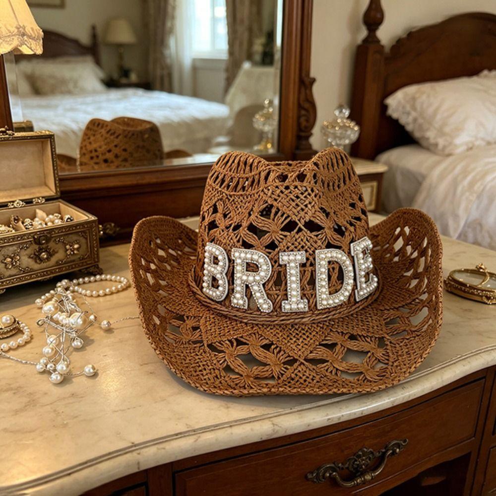Crochet Western Cowboy Hat Hollow Jazz Hat Fashion Bride Wifey Cowboy Hat  For Wedding Bridal Party