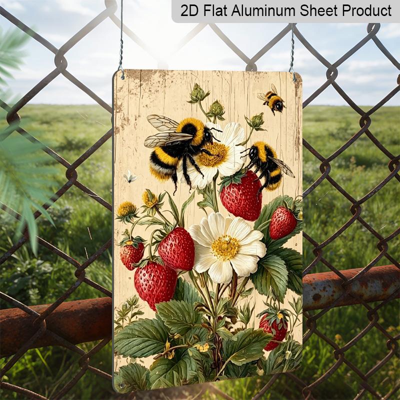 2D Flat, 1pc Vintage Bumblebee & Strawberry Aluminum Sign, Rustic Farmhouse Wall Decor for Garden, Patio, Kitchen Outdoor Yard & Balcony Ornament