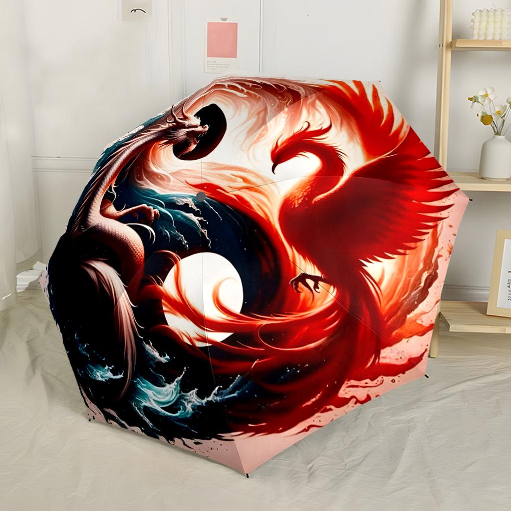 Flame And Ice Symbol Portable Automatic Umbrella Sturdy 8-Rib Shaft Sturdy Construction Durable Everyday Carry Umbrella Elegant Umbrella