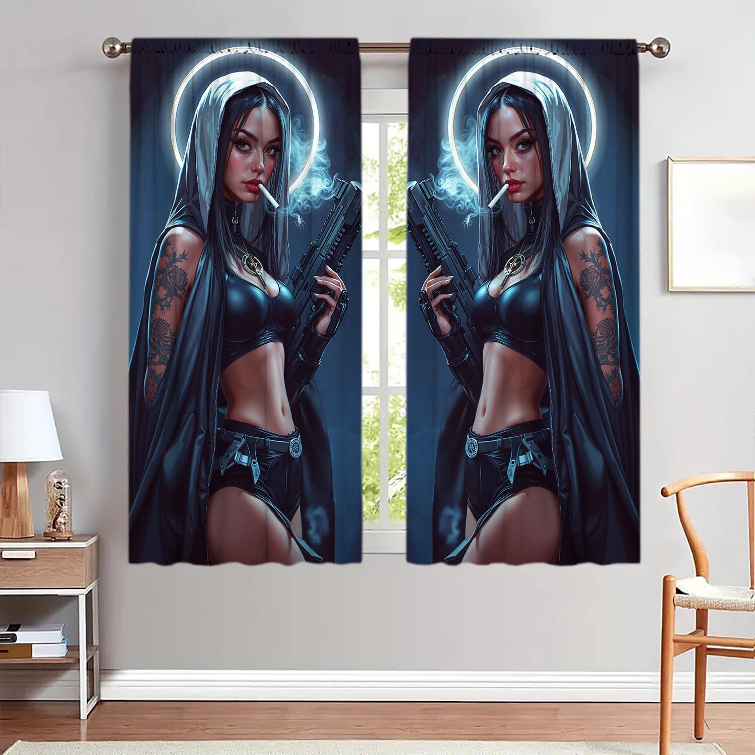 

Set Of 2 Cold Beautiful Female Police Printed Curtains Shade Privacy Protection Suitable Decorating Various Rooms Curtain Made Polyester W100*H70(CM)-Hooks&1PCS