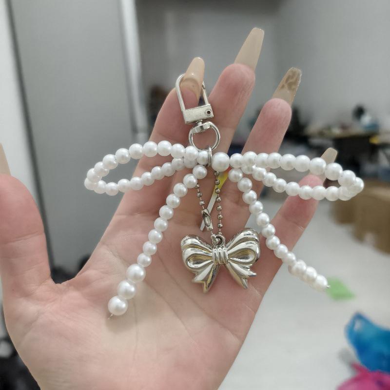 Bowknot Heart Bag Pendant Keychain Beaded Keyring White Pearl Bow Keychain Decoration For Bags Phones Car Korean Accessories