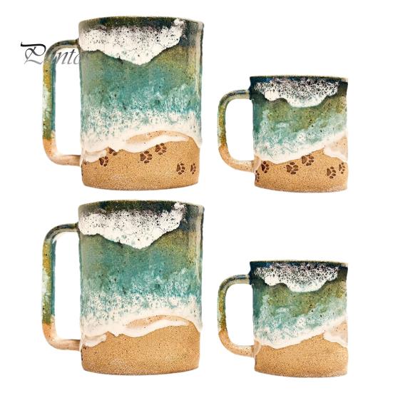 Paw Print Ocean Shoreline Mug Ceramic Coffee Cup Handmade Waves Pattern Tea Mug 11oz/15oz Sea Foam Claw Drinking Mug Beach Souvenir Gift
