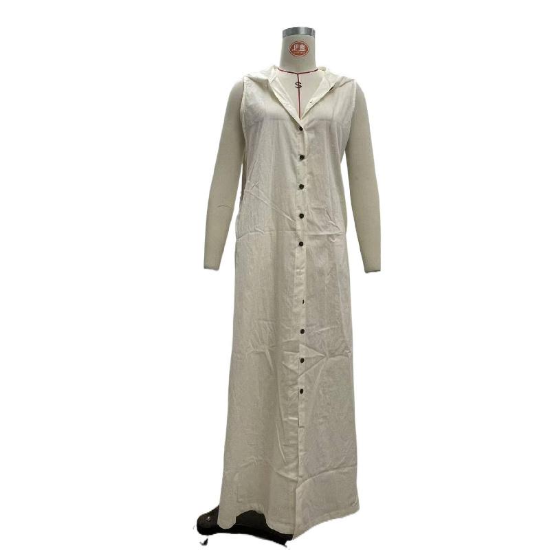 2026 New Women's Casual Loose Sleeveless Long Dress with Single-Breasted Buttons and Fashionable Hood
