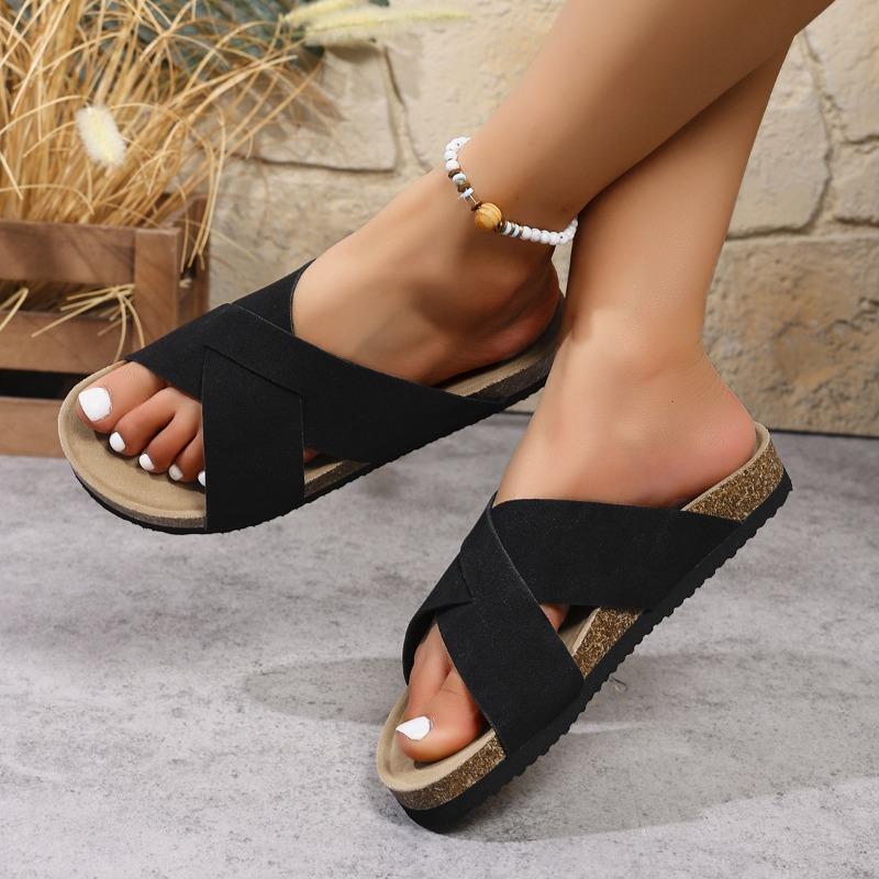 Summer Retro Cork Flat Bottom Cross with Cool Slippers, Wearing Thick Bottom Large Size Women's Slippers
