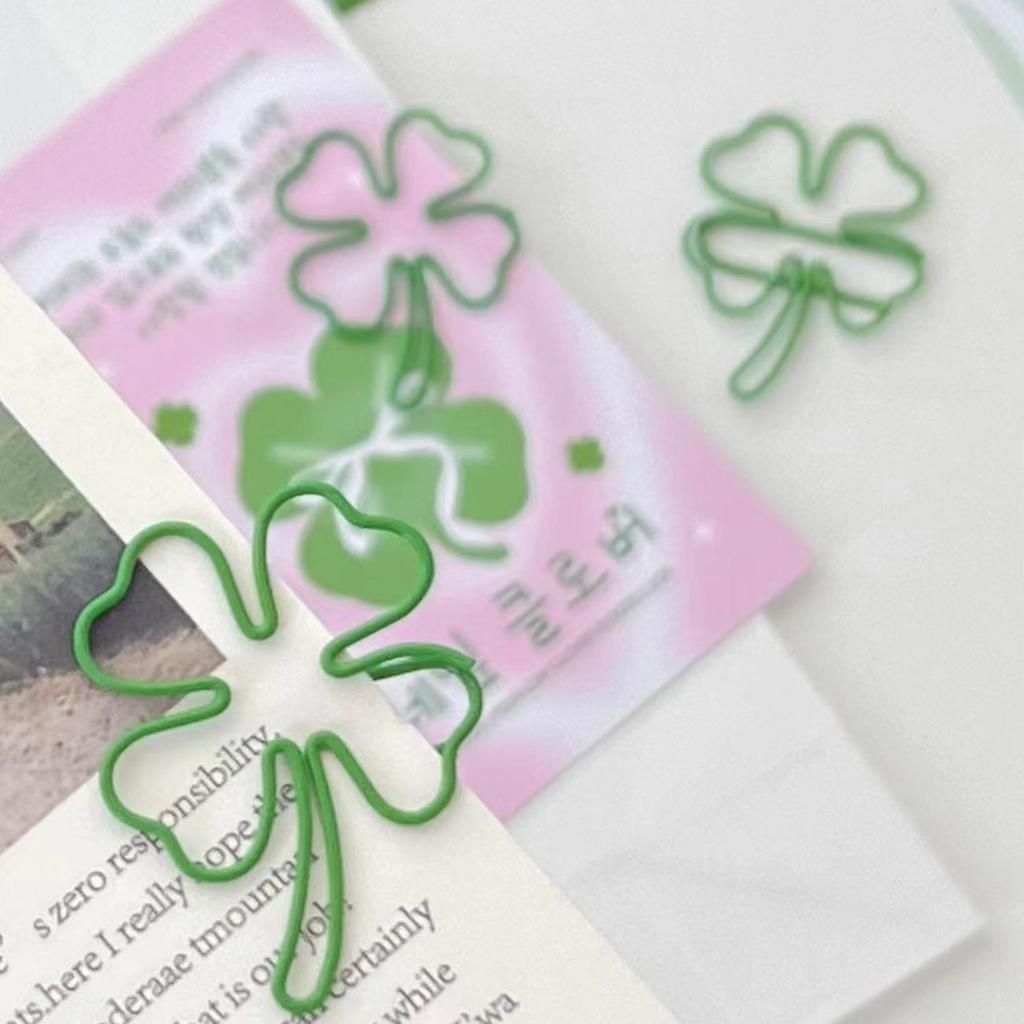 10Pcs Cute Green Four-leaf Clover Paperclips Lovely Girl Scrapbook Decor Binder Clip Office Document Bill Binding Supplies