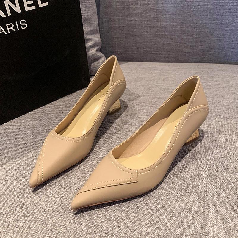 

Весенне-осенние новые туфли-лодочки с острым носком и низким каблуком, женские нюдовые туфли на толстом каблуке с открытым верхом, темпераментные профессиональные туфли на высоком каблуке 40 хаки