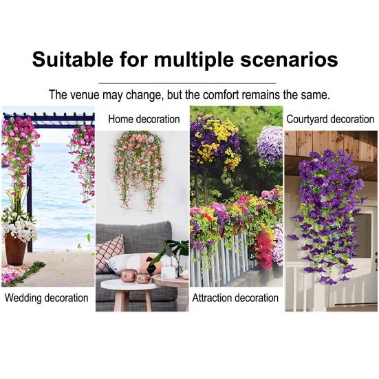 Artificial Flowers for Outdoor, Fake Hanging Morning Glory with Eucalyptus Leaves, UV Resistant Faux Plants Petunias Trailing Vines for Porch, Patio,