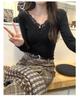 Spicy Girl Black Lace Patchwork V-neck Slimming Long Sleeve Top for Women