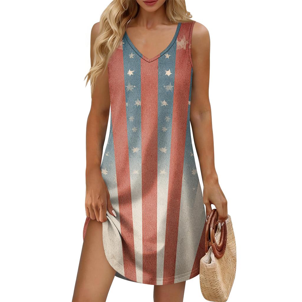 Women's Summer Casual Sun Skirt With Pocket V-Neck Independence Day Printed Loose Vest Dress