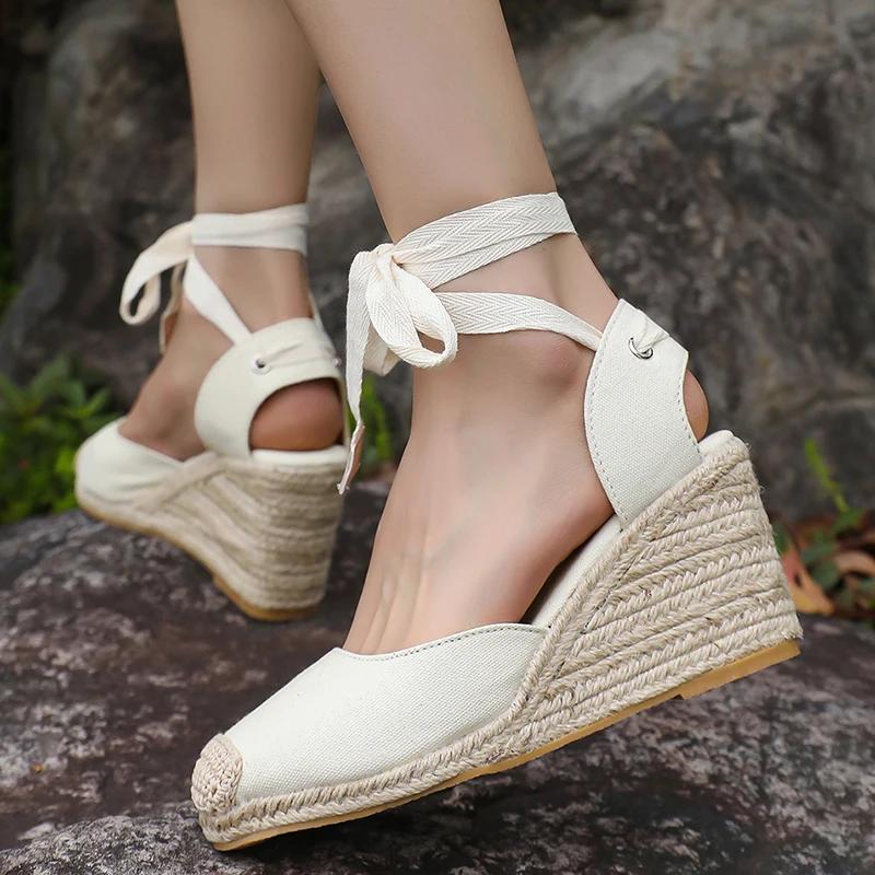 Espadrilles Wedge Sandals for Women Summer 2025 Closed Toe Ankle Strap Slingback Sandals Woman Comfort Lace Up Casual Sandalias