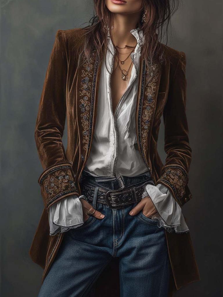 Women's Long Sleeve Solid Color Patchwork Lace Golden Velvet Coat