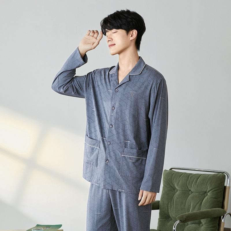 [Word of Mouth Hot Selling Item] Fenteng Classic Lapel Geometric Jacquard Gentleman Long Sleeved Home Suit Set Men's Pajamas