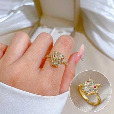 Pravé zlato Plný diamant Hlava leoparda Zirkonový prsten Otevírací Nastavitelný Jednoduchý šperk Japonský prsten Prsten pro pár