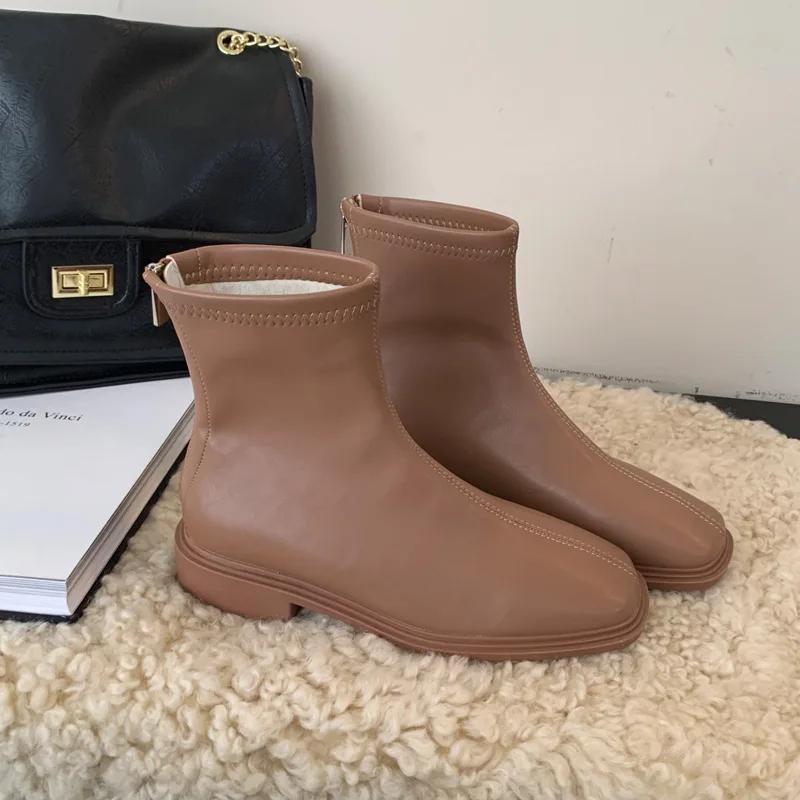 2024 Skinny Short Boots Female Head Knight Middle Heel Star Style Soft Leather  Boots Thick Heel Long Boots Platform Shoes