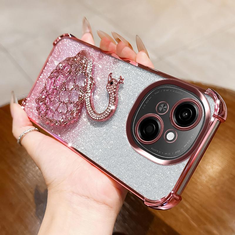 KEYSION Nárazuvzdorné pokovované TPU puzdro na telefón pre TECNO Spark Go 1 1S Go 2025 Trblietavé zdobené labuť so stojanom Zadný kryt pre Pop9 4G