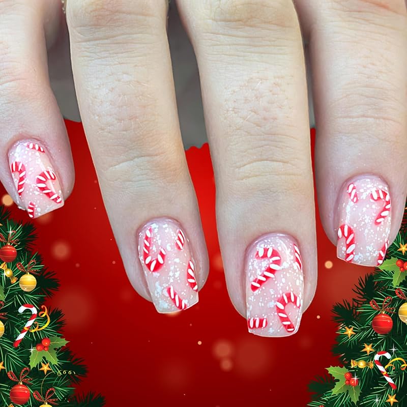 Christmas Press on Nails Short Square Red Fake Nails with Candy Cane Line Snowflake Glossy Designs Full Cover Press ons False Nails for Women 24 Pcs
