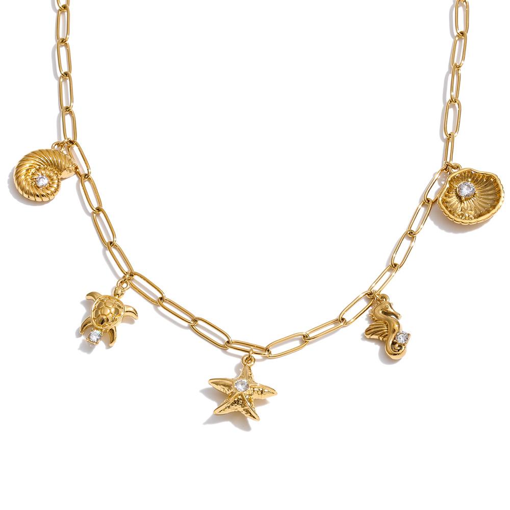

Yhpup Ocean Series Stainless Steel Zirconia Conch Shell Starfish Drop Charm Necklace 16K Gold Platinum PVD Plated Summer Jewelry