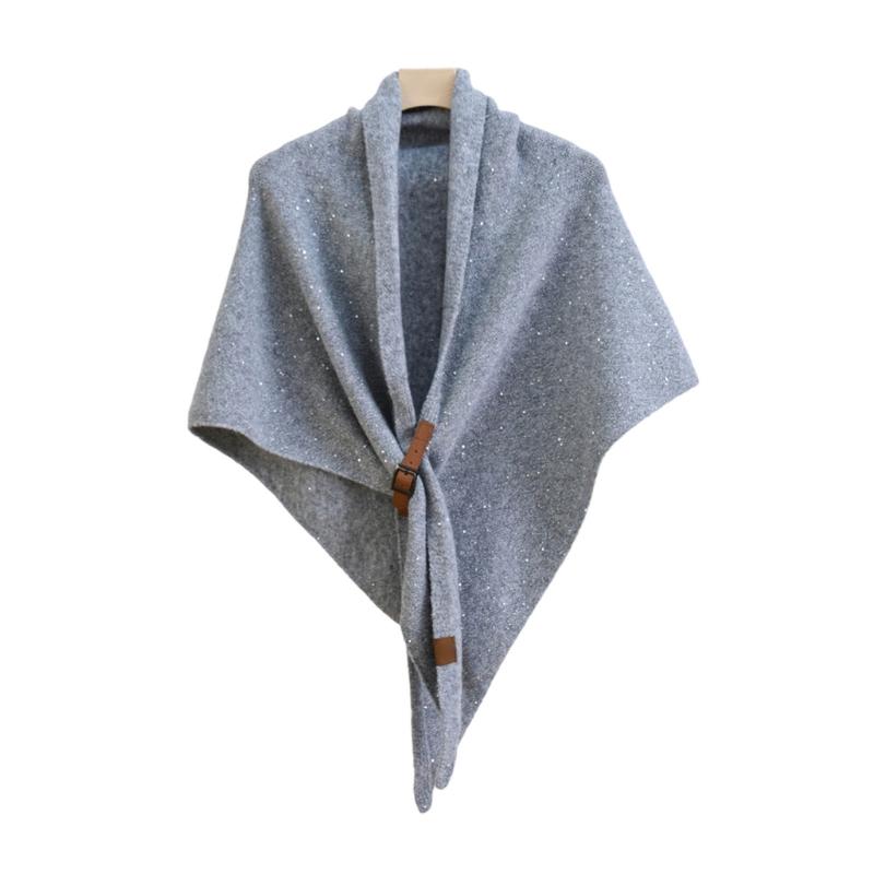 Solid Color Wool Blend Triangular Stole With Leather Clasp Warm Soft Scarf Wrap For Women Lady Winter Autumn Accessory
