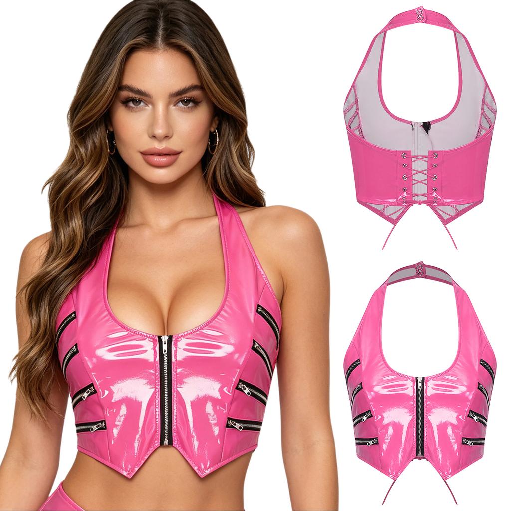 Ladies Y2k Glossy PU Mini Corset Top Halter Neck V Cut Front Zip Back Lace Up Sleeveless Crop Vest for Nightclub Party