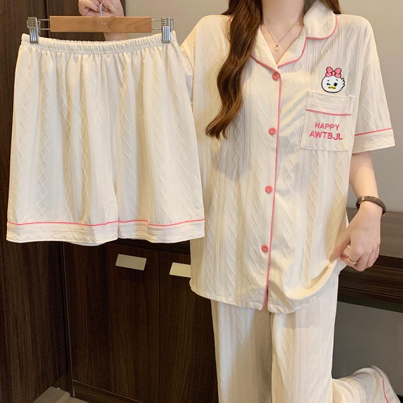 Cute Duck and Duck Imitation Cotton Jacquard Pajamas Women's Summer New Short-sleeved Wind Loungewear Three-piece Set