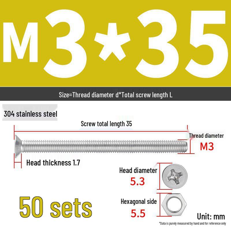 304 Stainless Steel Extra Long Phillips Flat Head Screws and Nuts Set (2M, 3M, 4M)