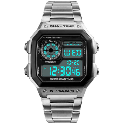 USWATCH Fashion Sports Stainless Steel LED Digital Alarm Chronograph Waterproof Multifunction Men's Quartz Watch, Silver, Chronograph, Digital, Quartz