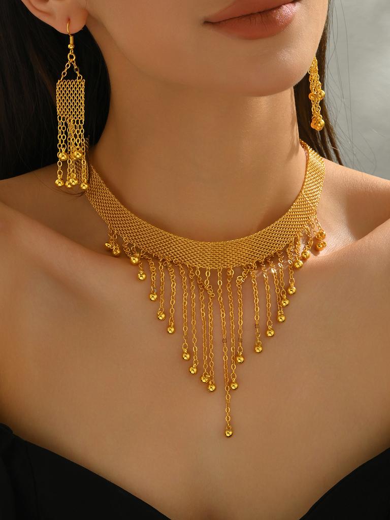 Arabische Braut luxuriöses Vintage-Halsketten- und Ohrring-Set mit langen Quasten zweiteiliges Set Hochzeits-Braut-Schmuck-Accessoire-Set