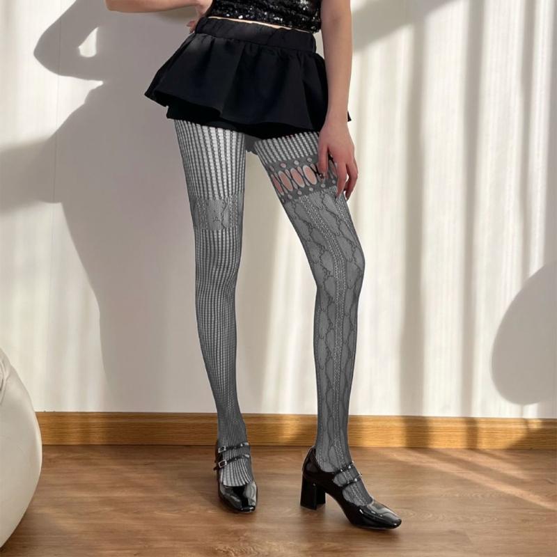 Women Aesthetic Sexy Hollowed Out Fishnet Pantyhose Asymmetrical Lace Patchwork Patterned See Through Tights Stockings