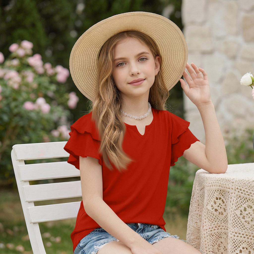 Dziewczęcy T-shirt z dekoltem V i falbanką - Krótki rękaw, letnia bluzka