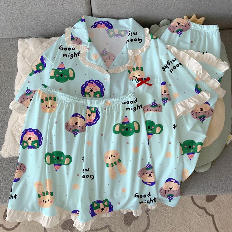 Sweet Imitation Cotton Pajamas Women's Summer New Short-sleeved Cardigan Animal Party Loungewear Three-piece Set