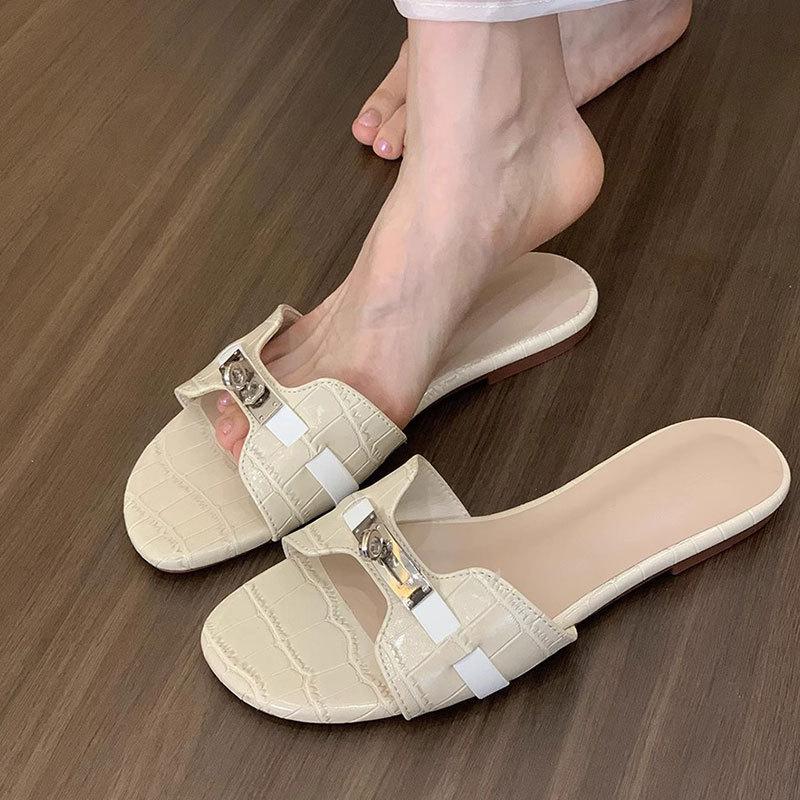 

Мода Мода Универсальная Женская Обувь 2025 Лето Новая Круглый Носок Обувь на Плоской Подошве Простые Противоскользящие Женские Тапочки Комфорт Женская Пляжная Обувь 35