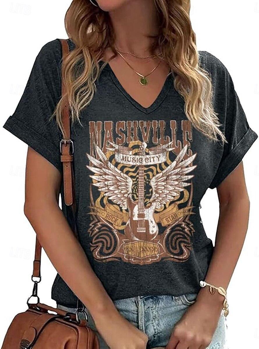 Women s Music Festival Letter Print T-Shirt, Vintage V-Neck Short Sleeve, Spring Summer S