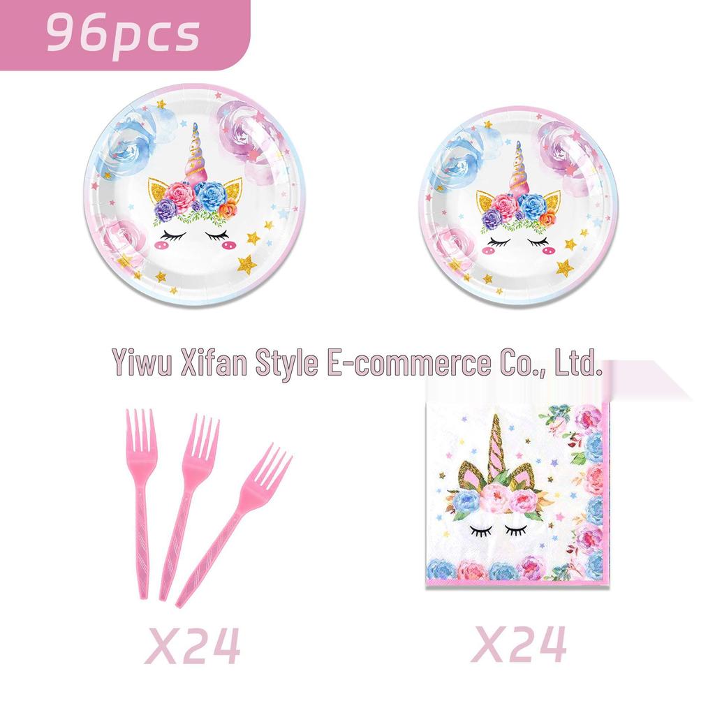 Unicorn Birthday Party Disposable Tableware Set: Plates, Cups, Knives, Forks, Spoons.