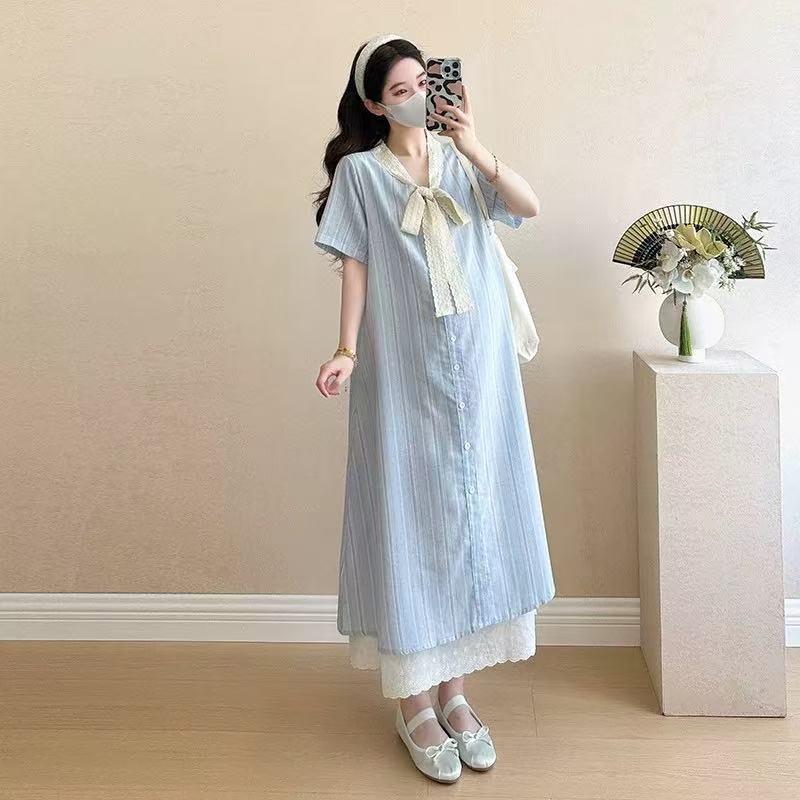 

Korean Style Summer Maternity Dress - Single-Breasted Lace & Bowknot Design M (suggested for below 115 jin)